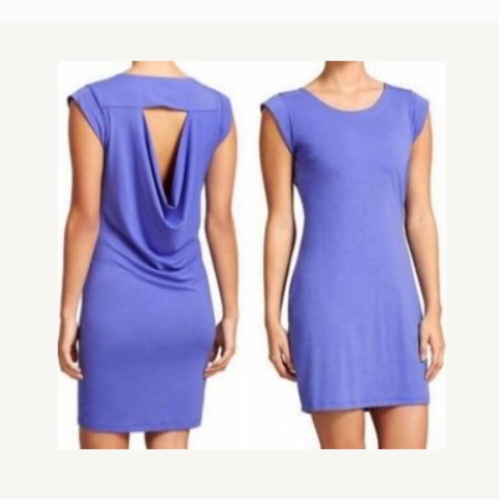 Athleta  Charisma Dress Periwinkle Blue Keyhole Cowl Back Ruched Mini Dress MED
